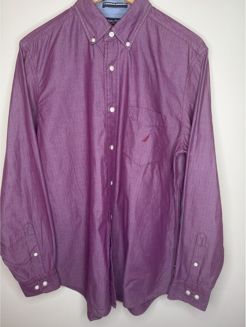 Mens Nautica Long Sleeve Button Down Shirt Size M Medium Red/Blue Stripe Classic
